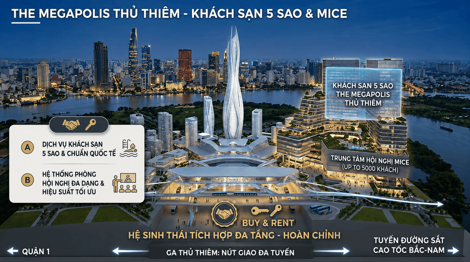 Tổ hợp khách sạn năm sao quốc tế và trung tâm hội nghị MICE đẳng cấp tại Megapolis Thủ Thiêm sở hữu hạ tầng hiện đại, hứa hẹn trở thành điểm đến hàng đầu của các sự kiện kinh tế toàn cầu.